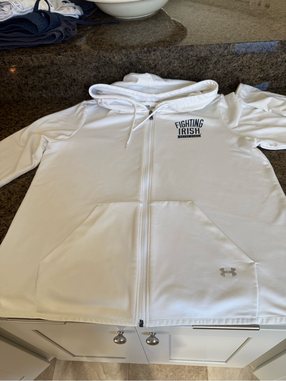 Under Armour White Full-Zip Hooded Jacket with 'Fighting Irish' Chest Print